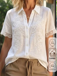 Yunfilé Women's Spring/Summer Casual Contrast Lace Cotton Blend Off-White Versatile Shirt For Home, Daily Wear And Outings - White - View 4