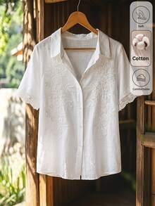 Yunfilé Women's Spring/Summer Casual Contrast Lace Cotton Blend Off-White Versatile Shirt For Home, Daily Wear And Outings - White - View 7
