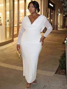Firerie White Cowl Neck Long Sleeve Elegant Ruched Cinched Waist High Slit Party Dress - White - View 4