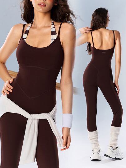 VARSIVA Women Sports Activewear Striped Patchwork Backless Slim Fit Athletic Jumpsuit