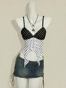 SHEIN ICON Women's Summer Fashion Contrast Color Polka Dot Print Ruffle Strap,Summer Top Golf White Sexy - Multicolor - View 4