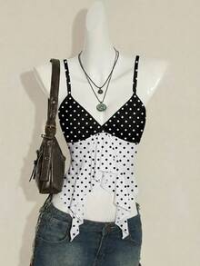 SHEIN ICON Women's Summer Fashion Contrast Color Polka Dot Print Ruffle Strap,Summer Top Golf White Sexy - Multicolor - View 9