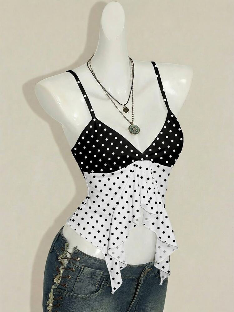 SHEIN ICON Women's Summer Fashion Contrast Color Polka Dot Print Ruffle Strap,Summer Top Golf White Sexy - Multicolor - View 3