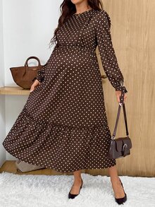 SHEIN فستان رضاعة للحوامل بطبعة نقاط بولكا وياقة دائرية وأكمام طويلة وحافة مكشكشة - بني - مشاهدة 5