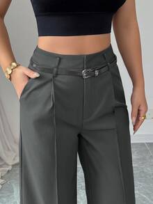 SHEIN PETITE 女款夏季高腰灰色長褲附復古腰帶，直筒寬腿西裝褲，冬季商務休閒辦公通勤服，優雅日常穿搭，適合嬌小女性 - 深灰色 - 查看 5