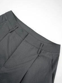 SHEIN PETITE 女款夏季高腰灰色長褲附復古腰帶，直筒寬腿西裝褲，冬季商務休閒辦公通勤服，優雅日常穿搭，適合嬌小女性 - 深灰色 - 查看 6