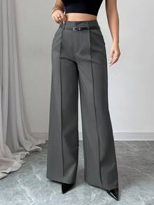 SHEIN PETITE 女款夏季高腰灰色長褲附復古腰帶，直筒寬腿西裝褲，冬季商務休閒辦公通勤服，優雅日常穿搭，適合嬌小女性 - 深灰色 - 查看 13