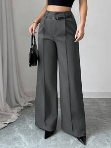 SHEIN PETITE 女款夏季高腰灰色長褲附復古腰帶，直筒寬腿西裝褲，冬季商務休閒辦公通勤服，優雅日常穿搭，適合嬌小女性 - 深灰色 - 查看 11