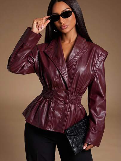 Radiana Autumn/Winter Elegant Vintage Fashion Burgundy Artificial Leather Waist-Cinching Trench Coat, Maroon PU Jacket, PU Trench Coat, Waist-Cinching Jacket, Leather Jacket