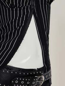SHEIN ICON 夏季休闲前开条纹蕾丝边修身 T 恤 - 黑色 - 查看 7
