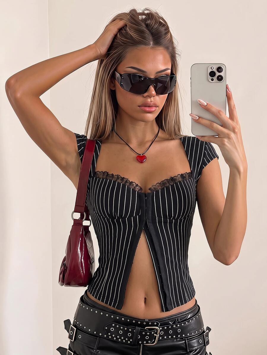 SHEIN ICON 夏季休闲前开条纹蕾丝边修身 T 恤 - 黑色 - 查看 1