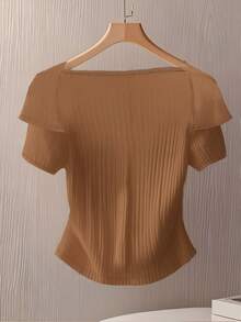 Women's Elegant Ruffle Trim Button Fitted Short Sleeve T-Shirt Top - Khaki - View 2