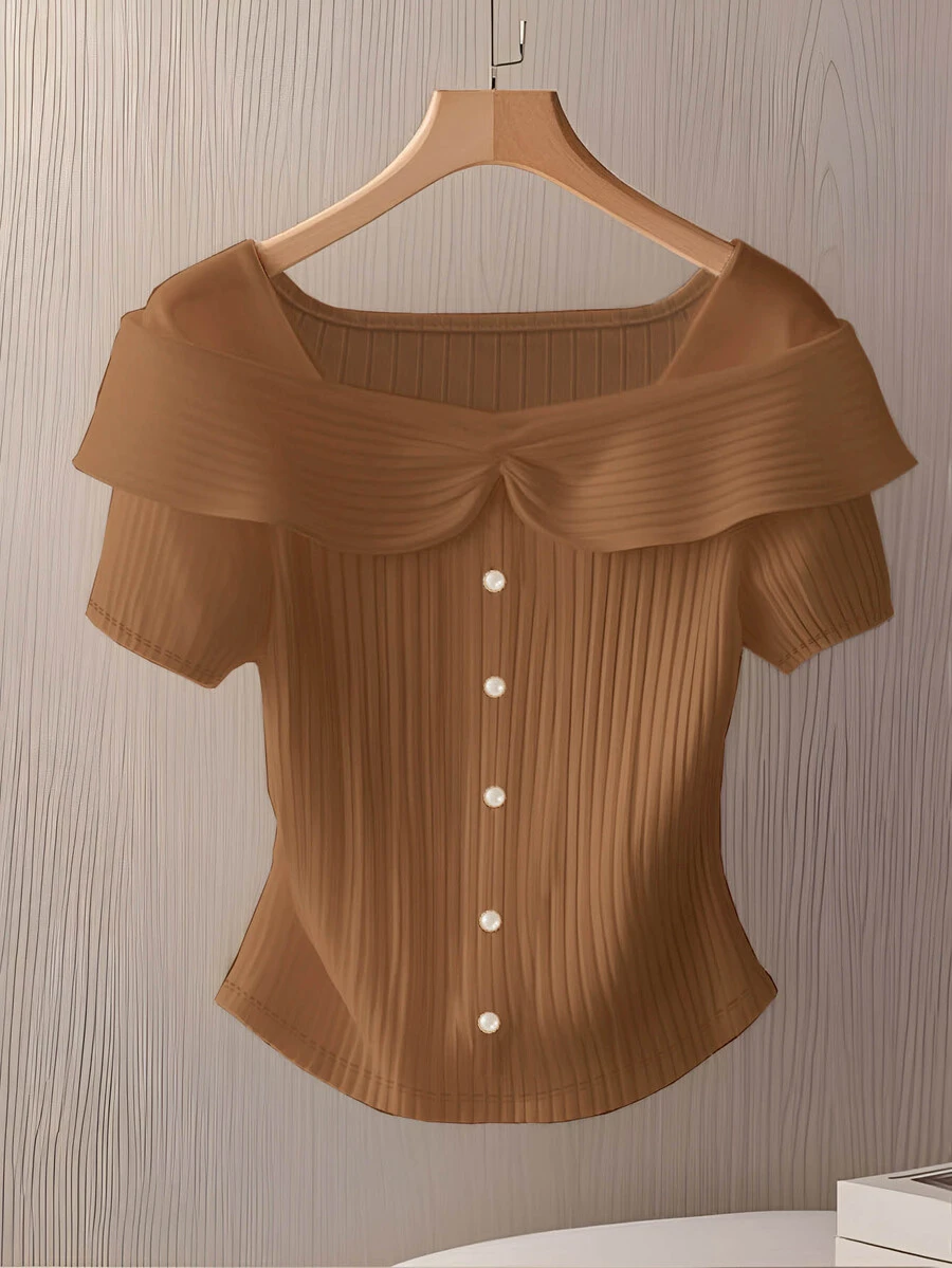 Women's Elegant Ruffle Trim Button Fitted Short Sleeve T-Shirt Top - Khaki - View 1