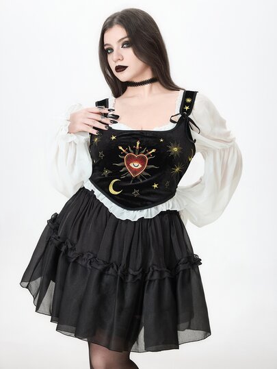 Goth Damen-Tanktop in Große Größen aus Samt, figurbetont, mit quadratischem Ausschnitt, Palaststil, kontrastfarben, mit Stern- & Mond-Stickerei