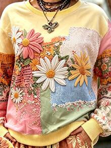 Breezaya 復古田園風仿刺繡拼接花卉衛衣，秋冬款衛衣 - 彩色 - 查看 3