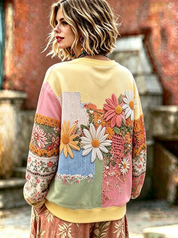 Breezaya Vintage Pastoral Style Faux Embroidery Patchwork Floral Sweatshirt, Autumn And Winter Sweatshirt - Multicolor - View 2