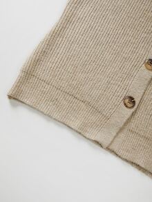 SHEIN New Spring Fall Coquette Contrast Trim Ruffle Neck Rib Knit Cardigan Women V Neck Front Button Fitted - Khaki - View 5