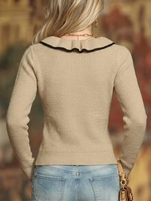 SHEIN New Spring Fall Coquette Contrast Trim Ruffle Neck Rib Knit Cardigan Women V Neck Front Button Fitted - Khaki - View 3