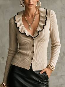 SHEIN New Spring Fall Coquette Contrast Trim Ruffle Neck Rib Knit Cardigan Women V Neck Front Button Fitted - Khaki - View 1