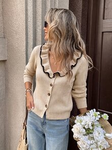 SHEIN New Spring Fall Coquette Contrast Trim Ruffle Neck Rib Knit Cardigan Women V Neck Front Button Fitted - Khaki - View 6