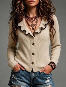 SHEIN New Spring Fall Coquette Contrast Trim Ruffle Neck Rib Knit Cardigan Women V Neck Front Button Fitted - Khaki - View 4
