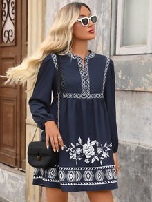 Brillora Women's Floral Print Button Design Lantern Sleeve Short Dress For Vacation, BOHO Casual, Geometric Puff Babydoll Navy Blue Floral Autumn Brunch - Navy Blue - View 1