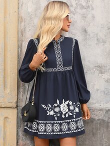 Brillora Women's Floral Print Button Design Lantern Sleeve Short Dress For Vacation, BOHO Casual, Geometric Puff Babydoll Navy Blue Floral Autumn Brunch - Navy Blue - View 5