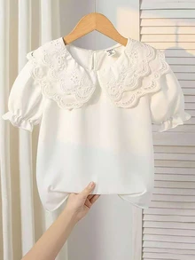 SHEIN 少女镂空刺绣荷叶边领纯色短袖衬衫 - 白色 - 查看 4