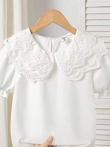 SHEIN 少女镂空刺绣荷叶边领纯色短袖衬衫 - 白色 - 查看 5