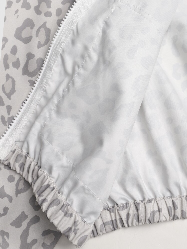 SHEIN Teen Girl Fashion Leopard Print Zip-Up Long Sleeve Hooded Jacket - Light Grey - View 16