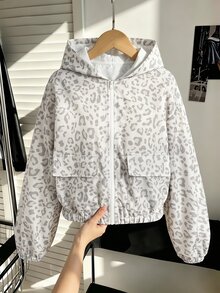 SHEIN 青少年女孩時尚豹紋拉鍊長袖連帽外套 - 淺灰色 - 查看 14
