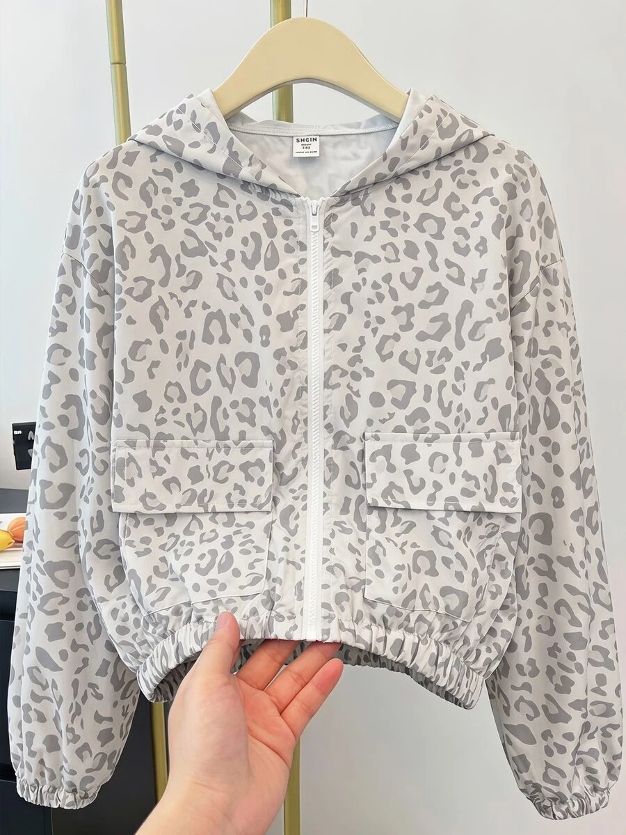 SHEIN 青少年女孩時尚豹紋拉鍊長袖連帽外套 - 淺灰色 - 查看 1