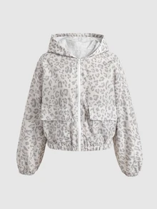 SHEIN 青少年女孩時尚豹紋拉鍊長袖連帽外套 - 淺灰色 - 查看 5