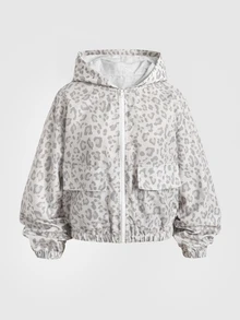 SHEIN 青少年女孩時尚豹紋拉鍊長袖連帽外套 - 淺灰色 - 查看 3