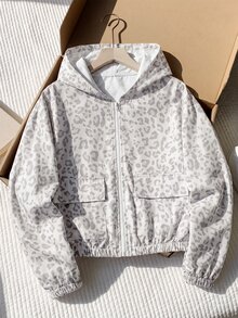 SHEIN 青少年女孩時尚豹紋拉鍊長袖連帽外套 - 淺灰色 - 查看 12