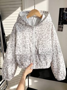 SHEIN 青少年女孩時尚豹紋拉鍊長袖連帽外套 - 淺灰色 - 查看 15