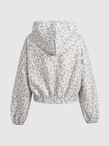 SHEIN 青少年女孩時尚豹紋拉鍊長袖連帽外套 - 淺灰色 - 查看 4