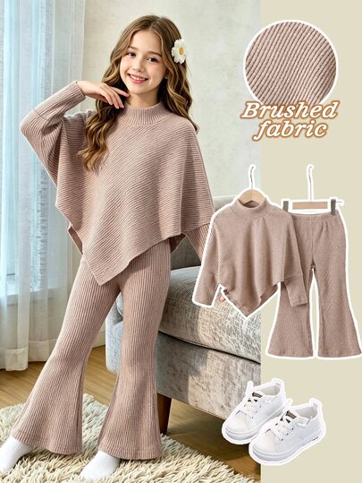 Elladie kids Tween Girls Spring/Fall Winter Casual T-Shirt Set Designed Asymmetrical Pullover High Neck Knit Ribbed Brushed Fabric Khaki Solid Color Long Sleeve T-