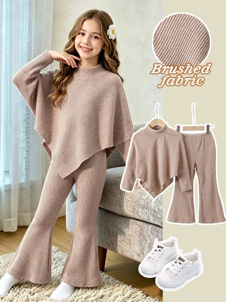 Elladie kids طقم تي شيرت كاجوال للفتيات المراهقات للربيع/الخريف والشتاء، تصميم غير متماثل، بلوفر برقبة عالية، محبوك ومضلع من قماش ناعم، لون كاكي سادة، أكمام طويلة