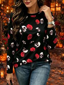EMERY ROSE Women's Casual Long Sleeve Halloween & Day Of The Dead Series, Skeleton Rose Print Long Sleeve Autumn Style - Multicolor - View 1