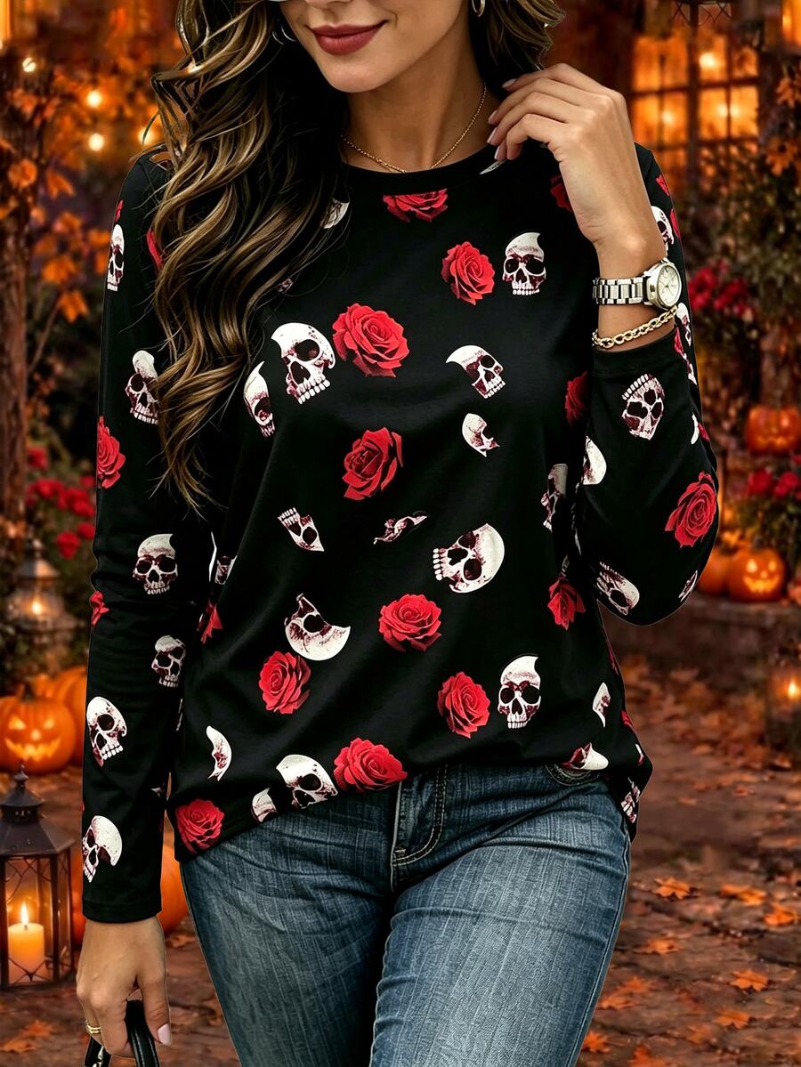 EMERY ROSE Women's Casual Long Sleeve Halloween & Day Of The Dead Series, Skeleton Rose Print Long Sleeve Autumn Style - Multicolor - View 1
