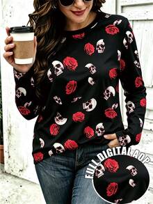 EMERY ROSE Women's Casual Long Sleeve Halloween & Day Of The Dead Series, Skeleton Rose Print Long Sleeve Autumn Style - Multicolor - View 3