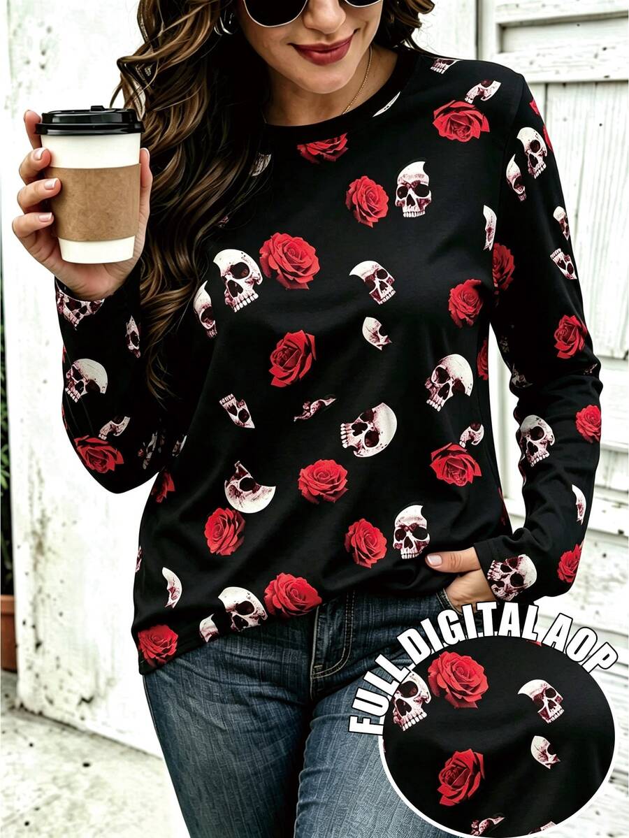 EMERY ROSE ملابس نسائية كاجوال بأكمام طويلة سلسلة هالوين & ، طباعة وردة الهيكل العظمي بأكمام طويلة أسلوب خريفي - متعدد الألوان - مشاهدة 1