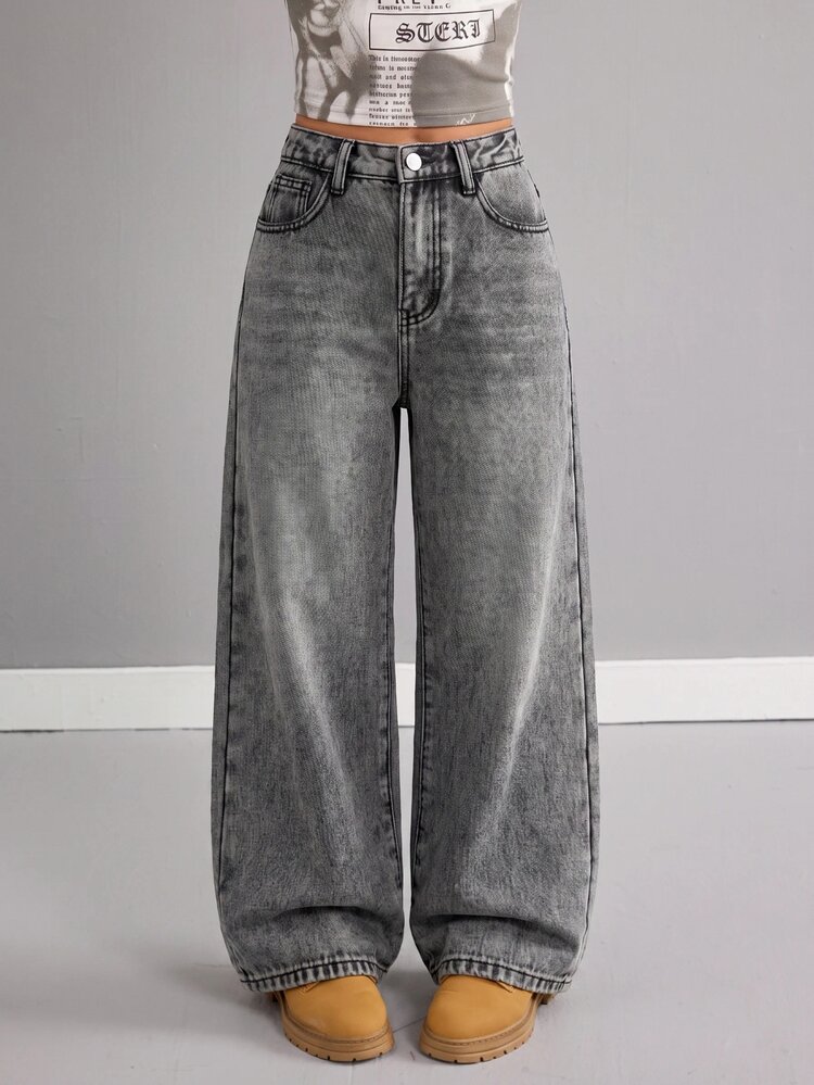 SHEIN Kids Tween Girl Y2k Fall/Winter Grey Denim Bottom With Filling And Thicker Fabric Loose-Fitting Jeans - Grey - View 4