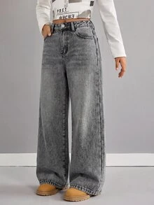 SHEIN 兒童青少年女孩 Y2K 秋冬灰色丹寧填充加厚面料寬鬆牛仔褲 - 灰色 - 查看 5