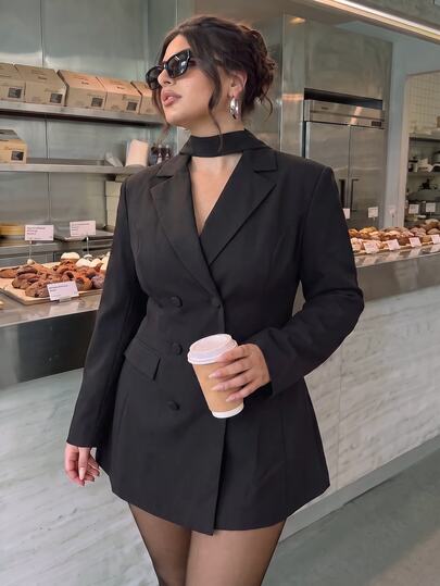 SHEIN BAE CURVE Plus Size Black Blazer With Scarf Collar Elegant Suit Jacket,Fashion Commuter Striped Double-Breasted Blazer,Fashion Commuter Striped Double-Breasted