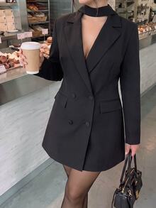 SHEIN BAE CURVE 大尺碼黑色西裝外套 圍巾領 優雅商務休閒西裝夾克 條紋雙排扣 早午餐 辦公室 雞尾酒會 正式 夏季 - 黑色 - 查看 4