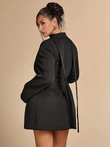 SHEIN BAE CURVE 大尺碼黑色西裝外套 圍巾領 優雅商務休閒西裝夾克 條紋雙排扣 早午餐 辦公室 雞尾酒會 正式 夏季 - 黑色 - 查看 6