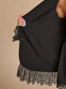 SHEIN BAE CURVE 大尺碼黑色西裝外套 圍巾領 優雅商務休閒西裝夾克 條紋雙排扣 早午餐 辦公室 雞尾酒會 正式 夏季 - 黑色 - 查看 13