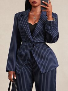 Radiana 女款秋季時尚優雅商務休閒極簡收腰腰帶深藍色西裝外套 辦公正式會議 教師節 晚宴 - 藏蓝色 - 查看 3